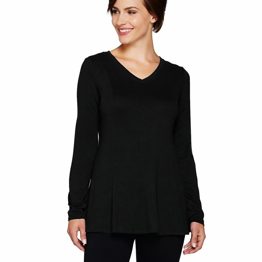 Womens 3X Denim & Co. Long Sleeve V Neck Tunic Top Black‎